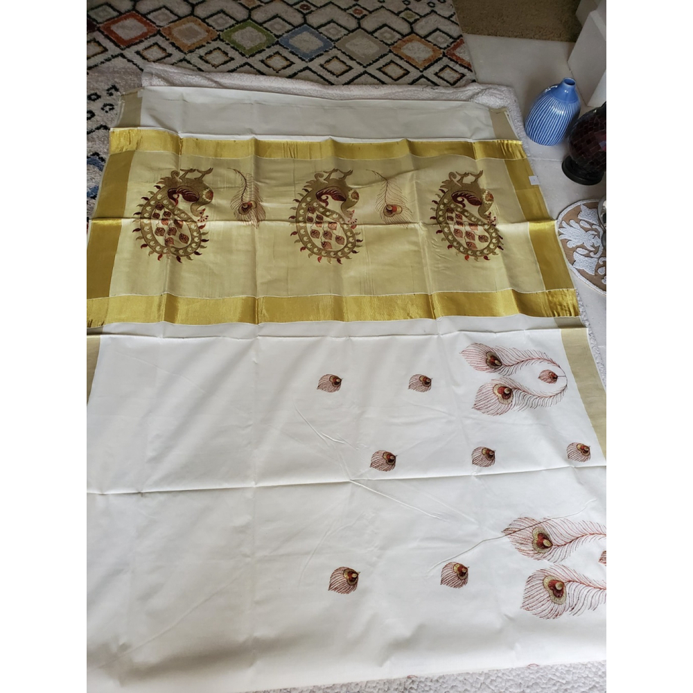 New Pure Kasavu Cotton Saree W Running Bp Traditional Party Festive Wedding - Picture 4 of 8